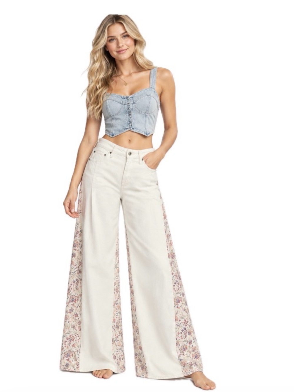 Lucky Brand Cream Wide-Leg Jeans with Floral Side Panels